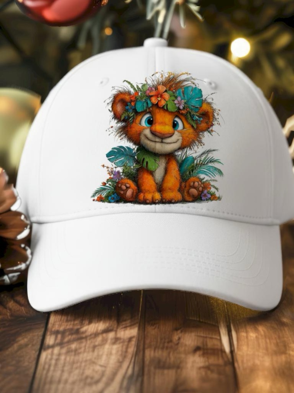 White Kids Cap with Cute Orange Tiger Floral Design